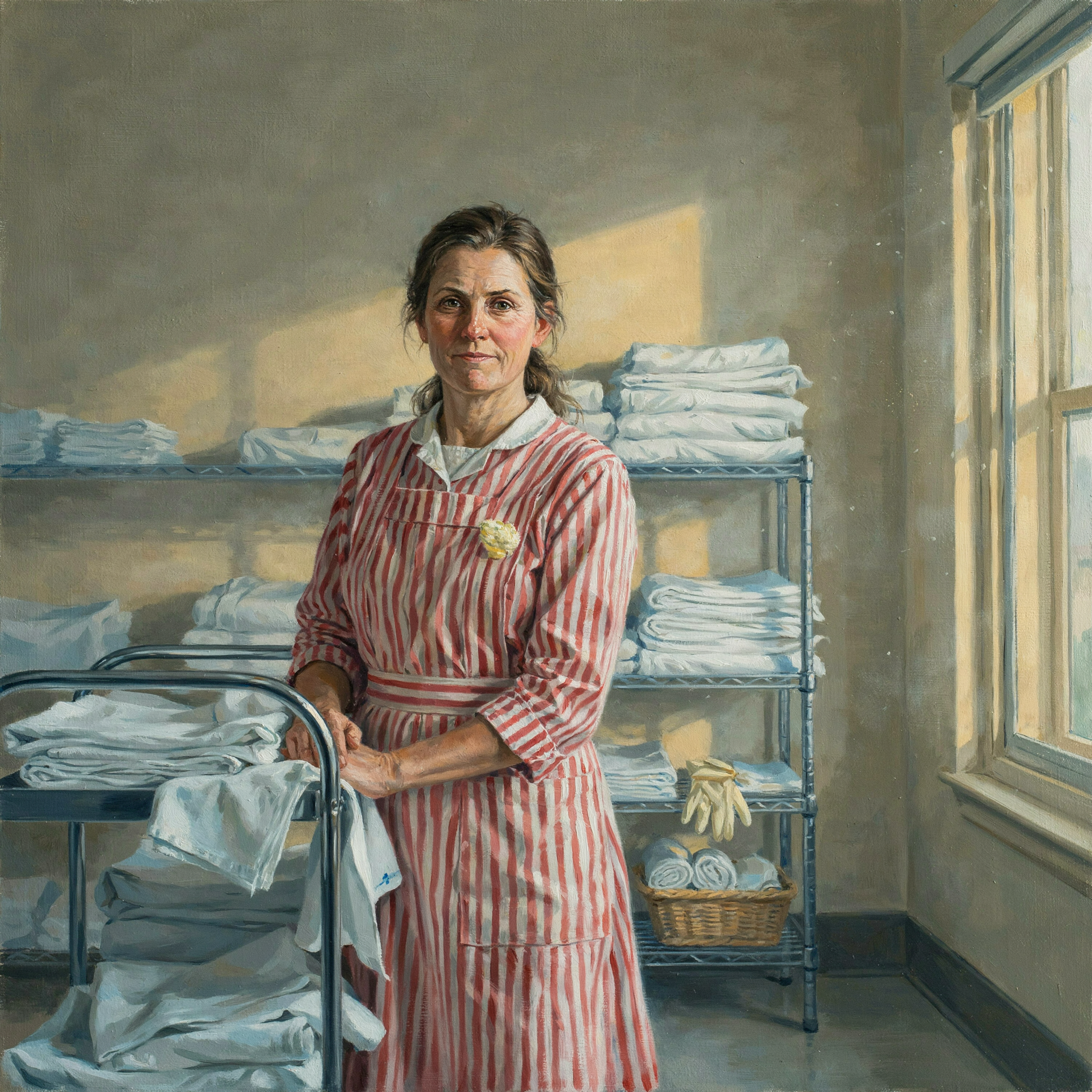 Darla in a red-and-white striped volunteer pinafore, in the hospice linen room
