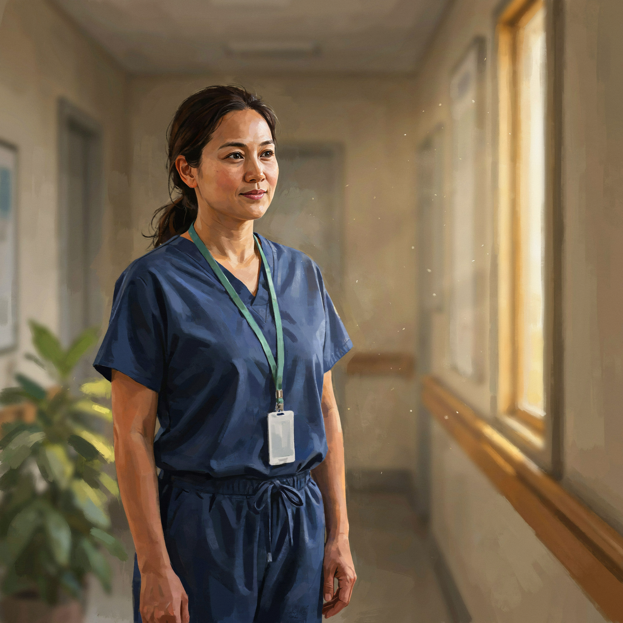 Sofia, a hospice nurse in navy scrubs, in a sunlit hallway