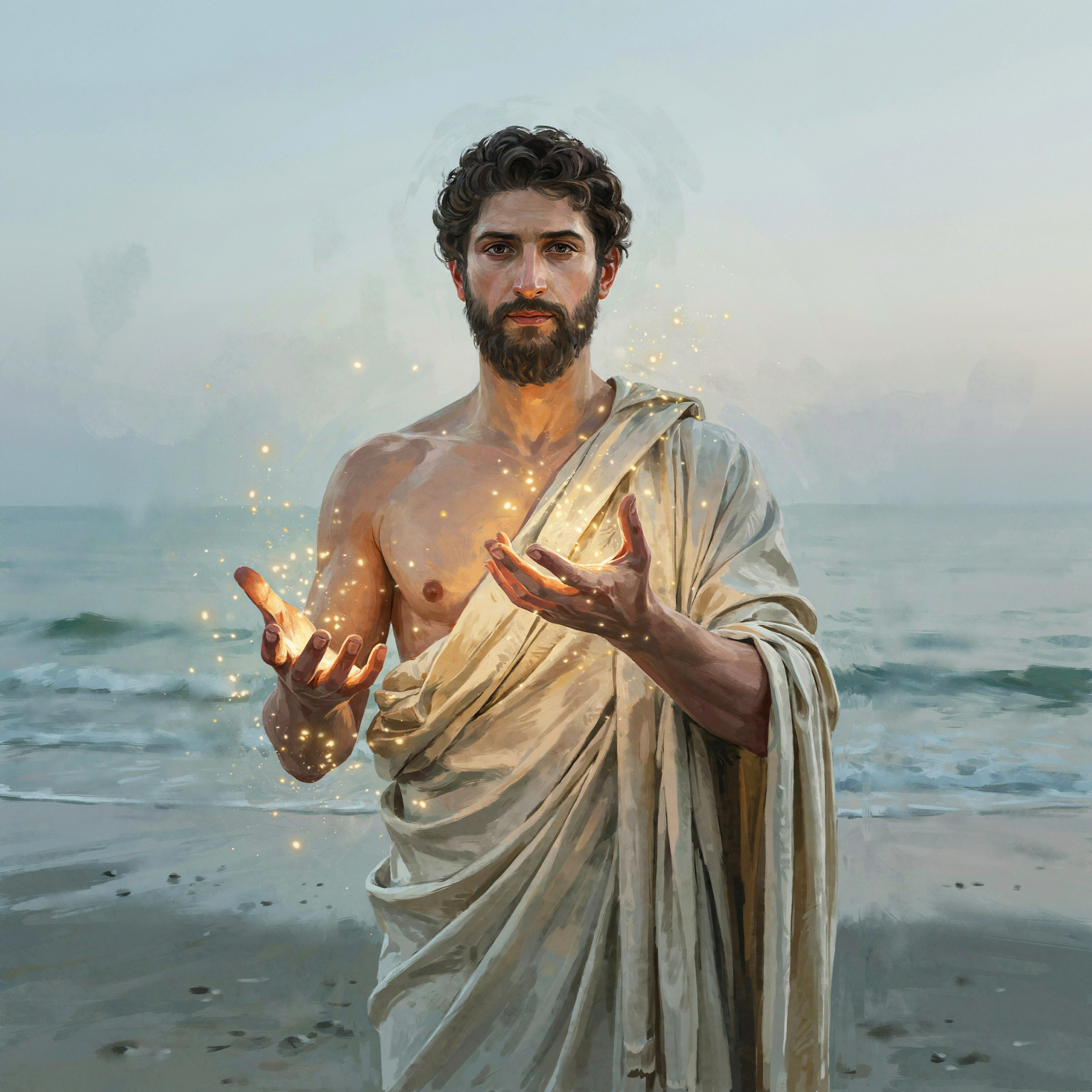 Soter, a bearded man in a pale himation on a misty shore, sparks of gold fire rising from his open hands