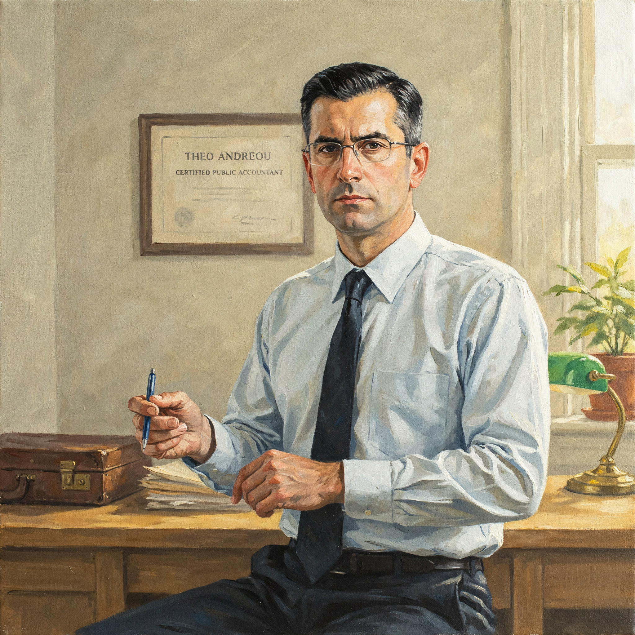 Theo Andreou, an auditor in wire glasses, standing at his desk with a briefcase