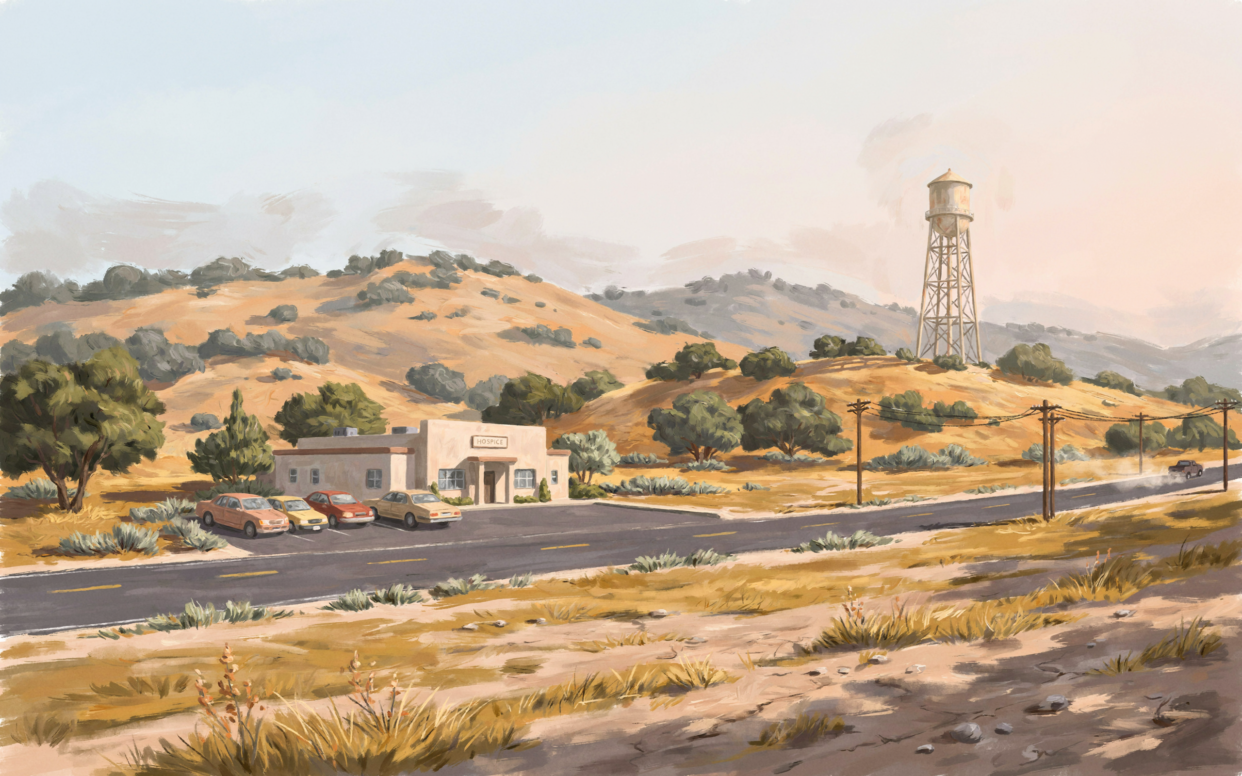 A small hospice beside a two-lane road, dry golden hills and a water tower behind